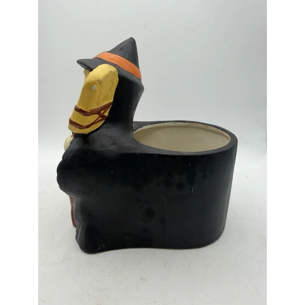 Vintage Halloween Witch Pumpkin Broom Ceramic Planter Container Decor
